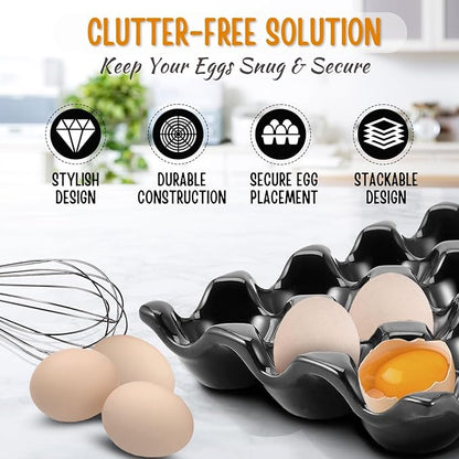 Flexzion 12 Cups Ceramic Egg Holder for Fridge - Dozen Ceramic Egg Tray Porcelain Container Storage Organizer Decorative Serving Stand Serveware for Refrigerator Countertop Display (Black, 2 Pack)