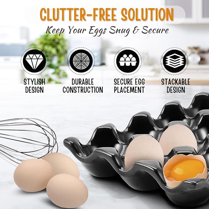 Flexzion 12 + 6 Cups Ceramic Egg Holder for Fridge - 18 Porcelain Egg Tray Container Keeper Storage Organizer Decorative Serving Stand Serveware for Refrigerator Countertop Display Kitchen (Black)