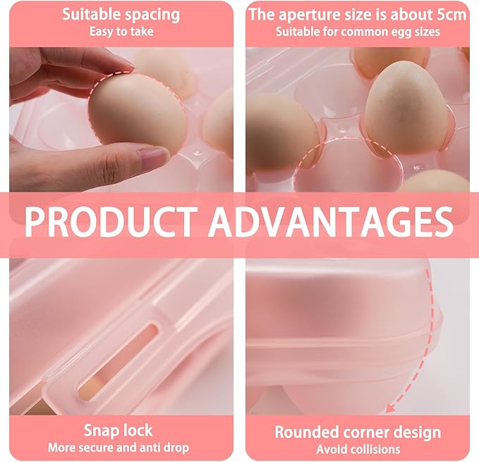 Portable Plastic Egg Storage Box, 18 Tray Shockproof Egg Protector Tray, Folding Eggs Holder Carrier, Eggs Slot Tray Holder Box, for Outdoor Camping Picnic BBQ Hiking(Pink)