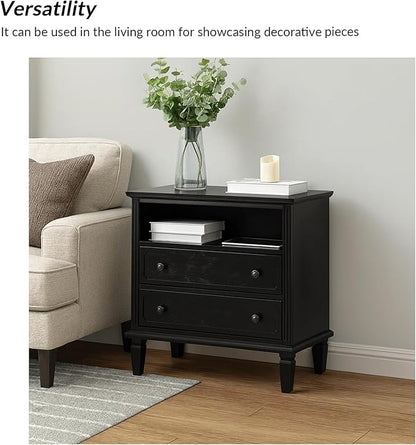 HULALA HOME Farmhouse End Table with Charging Station, End Table with USB Ports & Outlets, Fluted Pilasters Design Side Table with Open Space and 2 Drawers Dresser for Living Room, Black