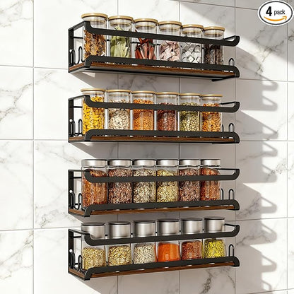 Doakhirmit Wall Mounted Spice Rack with 16 Hooks, Rustic Wood Spice Organizer Shelf for Stove Cabinet Pantry Door,Screw or Adhesive Hanging Spice Shelf,Wall Spice Rack in Kitchen and RV,4 Pack