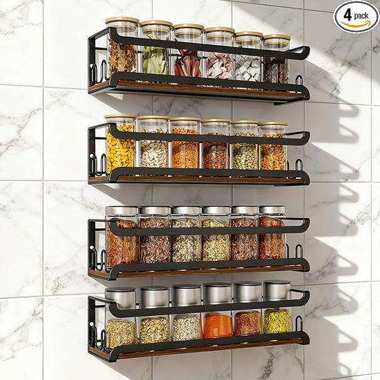 Doakhirmit Wall Mounted Spice Rack with 16 Hooks, Rustic Wood Spice Organizer Shelf for Stove Cabinet Pantry Door,Screw or Adhesive Hanging Spice Shelf,Wall Spice Rack in Kitchen and RV,4 Pack