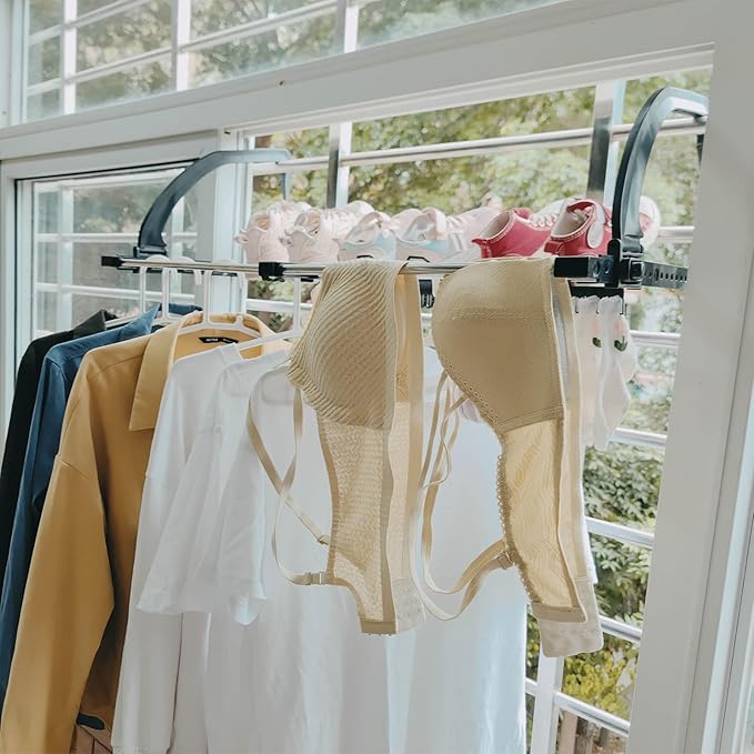 Portable Clothes Drying Rack for Balcony Railings Windowsill, Folding Towel Rack Indoor Outdoor Retractable Laundry Rack with Sock Clips for Drying Socks