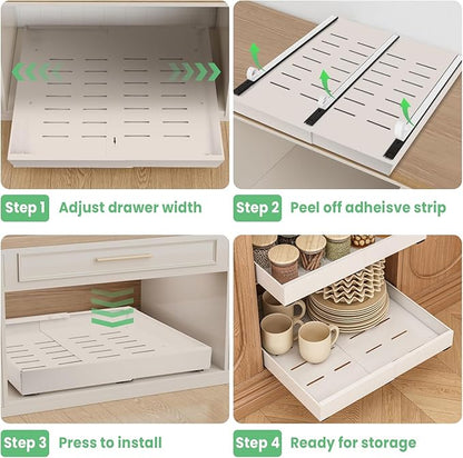 THMINS 2 Pack Expandable Pull Out Cabinet Organizer, 21" Depth, for Kitchen Cabinets, Upgrade 3 Slide Slide-Out Drawers, Adjustable Width 12.05" - 20.5", White