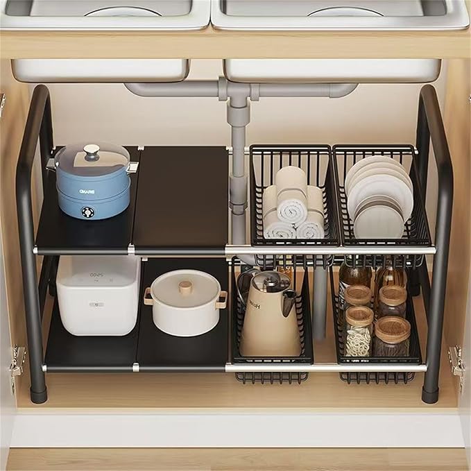 Under Sink Organizers, 2 Tier Stretchable Cabinet Shelf Organizer with 4 Removable Panels and 4 Under Shelf Basket for Under Bathroom Storage,Under Cabinet Shelves,kitchen Sink Storage Rack (black)
