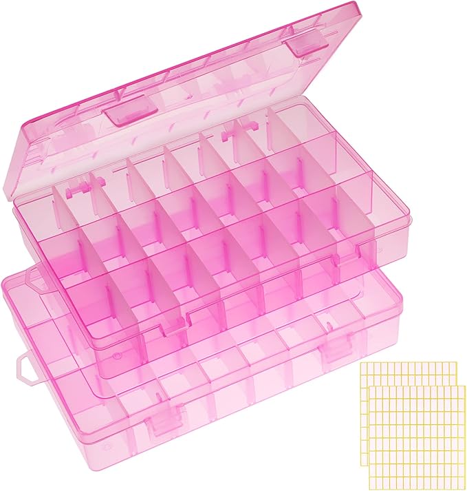 2 Pack 24 Grids Pink Plastic Organizer Box, Storage Container with Adjustable Divider, Craft Organizers and Storage Bead Storage Organizer Box for DIY Jewelry Tackles with 2 Sheets Label Stickers