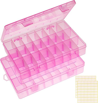 2 Pack 24 Grids Pink Plastic Organizer Box, Storage Container with Adjustable Divider, Craft Organizers and Storage Bead Storage Organizer Box for DIY Jewelry Tackles with 2 Sheets Label Stickers
