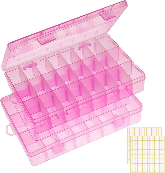 2 Pack 24 Grids Pink Plastic Organizer Box, Storage Container with Adjustable Divider, Craft Organizers and Storage Bead Storage Organizer Box for DIY Jewelry Tackles with 2 Sheets Label Stickers