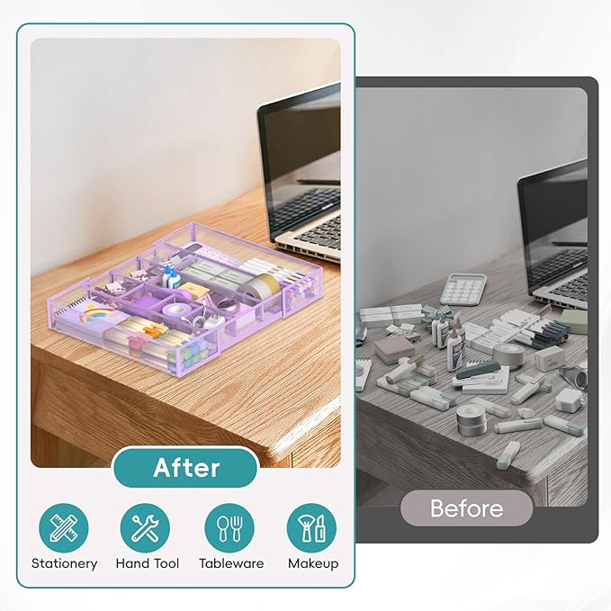 Expandable Desk Drawer Organizer Tray with 10 Adjustable Compartments, Metal Mesh Office Drawer Organizer, Versatile Desk Organizer for Home, School Supplies, Makeup Vanity & Jewelry (Purple)