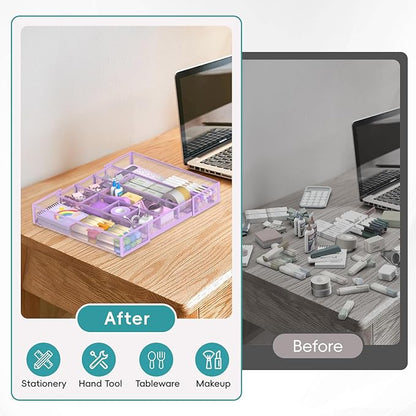 Expandable Desk Drawer Organizer Tray with 10 Adjustable Compartments, Metal Mesh Office Drawer Organizer, Versatile Desk Organizer for Home, School Supplies, Makeup Vanity & Jewelry (Purple)