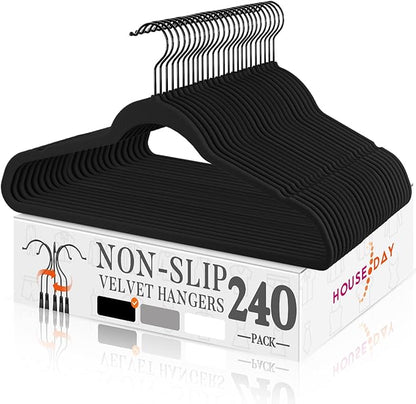 HOUSE DAY Black Velvet Hangers 240 Pack, Velvet Clothes Hangers Non Slip Felt Hangers, Heavy Duty Coat Hangers for Closet, Ultra Slim Hangers Black Hangers Space Saving Hangers for Suits, Shirt