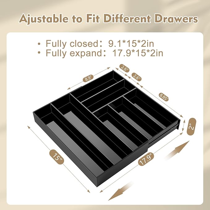 Briwooody 1 Pcs Acrylic Drawer Organizer 9'' up to 18'' x 15'' x 2'' Expandable Drawer Organizer Pens Notebook Ruler Makeup Tray with 7 Adjustable Compartments for Desk Office Kitchen Bathroom(Black)