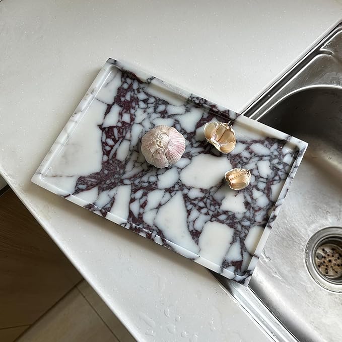 GHYFGD Real Natural Marble Tray Genuine Calcutta Viola Marble Stone Tray for Bathroom/Kitchen Counter (Calacatta Viola, 12" x 8")