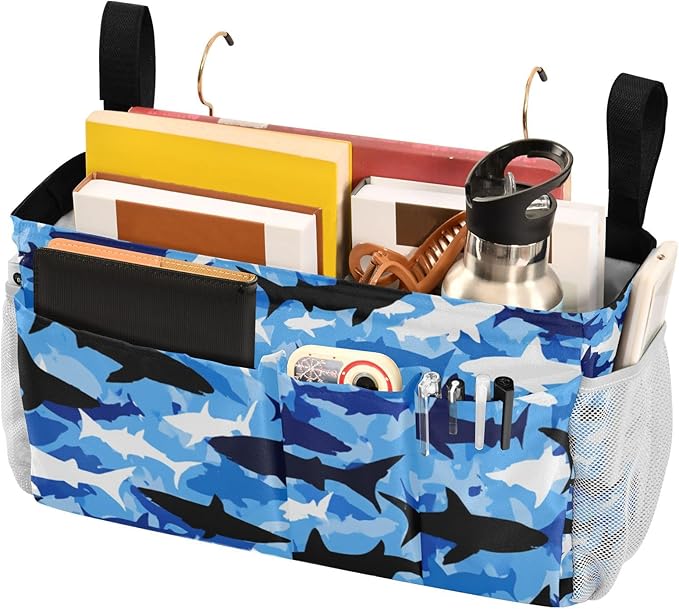 CuwrYet Bedside Caddy Hanging Bunk Bed Caddy Bed Organizer Hanging Pocket with 2 Hooks Bedside Storage Organizer Pocket Bag Holder Marine Bright Sky Blue Shark
