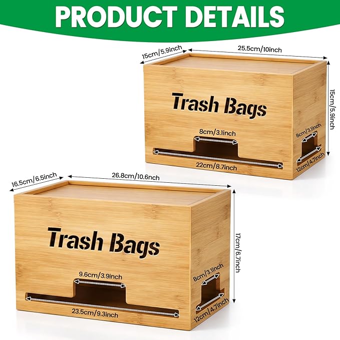 Kathfly 2 Pcs Bamboo Trash Bag Holder Dispenser Stackable Garbage Bag Dispenser, Large and Small Size Trash Organizer for Kitchen Laundry Under Sink, Wall Mounted or Freestanding