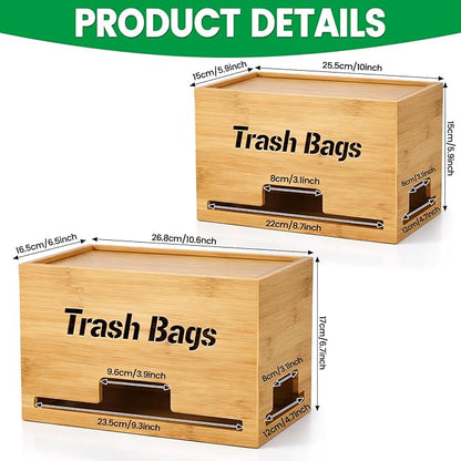 Kathfly 2 Pcs Bamboo Trash Bag Holder Dispenser Stackable Garbage Bag Dispenser, Large and Small Size Trash Organizer for Kitchen Laundry Under Sink, Wall Mounted or Freestanding