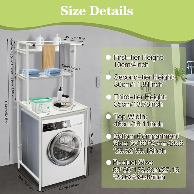 Laundry Room Storage Organizer, 3 Tier Over The Washer and Dryer Storage Shelves, Washer and Dryer Storage Rack Space Saver Standing Rack for Bathrooms, Laundry Rooms, White+Marble