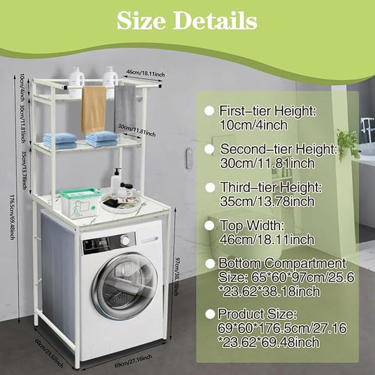 Laundry Room Storage Organizer, 3 Tier Over The Washer and Dryer Storage Shelves, Washer and Dryer Storage Rack Space Saver Standing Rack for Bathrooms, Laundry Rooms, White+Marble