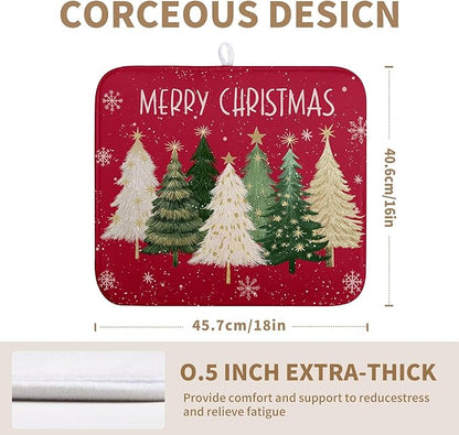 Wnoesat Merry Christmas Dish Drying Mat for Kitchen Counter 16x18 Inch Red Xmas Tree Snowflakes Drying Pad Winter Holiday Absorbent Microfiber Dish Draining Reversible Dish Drainer Rack Mat