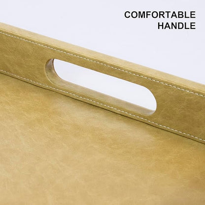 20 * 14 inches Leather Rectangle Serving Tray with Hole Handles,High-End Light Large Service Tray for Ottoman Tray, Tea, Food, Butler - Countertop, Kitchen,Family Dinner, Picnic (Brown)