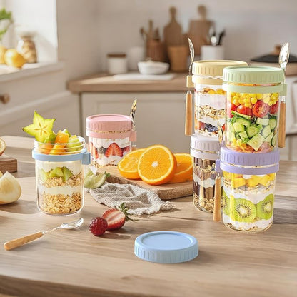 16oz Overnight Oats Containers with Lids and Spoons, 4 Pack Wide Mouth Mason Jars with Airtight Lids, Overnight Oats Jars for Salad, Chia Seed, Cereal, Yogurt