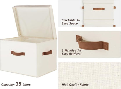 StorageWorks Fabric Storage Bins with Lid, Decorative Storage Boxes for Shelves, Stackable Closet Organizer Basket with Handles, Jumbo, Ivory White, 2-Pack
