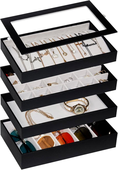 Stackable Jewelry Organizer Trays with Glass Lid,Jewelry Tray for Drawer Insert,Jewelry Display Case for Earring Necklace Ring Watch Bracelet,Black PU Leather Gray Velvet Lining,4 Layers