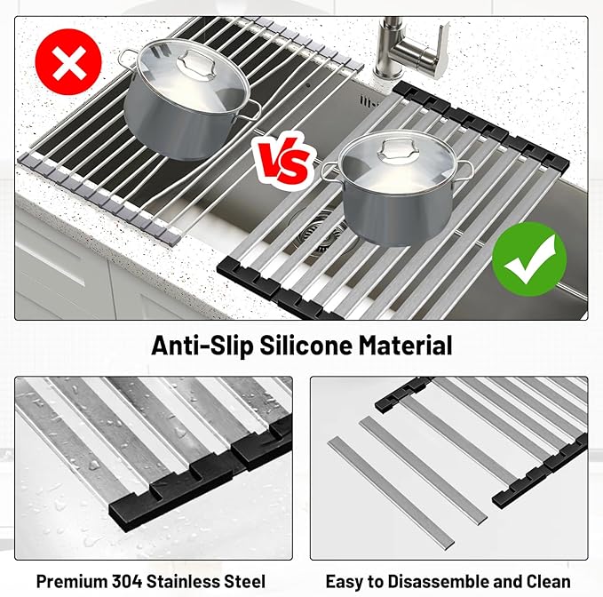 TIKNIK Dish Drying Rack, 19.7" X 13" Over Sink Drying Rack, Kitchen Roll Up 304 Stainless Steel Drain Rack, Roll Up for Kitchen and RV Sinks, Black