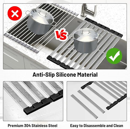 TIKNIK Dish Drying Rack, 19.7" X 13" Over Sink Drying Rack, Kitchen Roll Up 304 Stainless Steel Drain Rack, Roll Up for Kitchen and RV Sinks, Black
