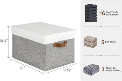StorageWorks Storage Bins with Lids, Decorative Storage Boxes with Lid and PU Handles, Foldable Storage Baskets for Closet, Shelves, Stackable, Gray and White, Jumbo, 3-Pack