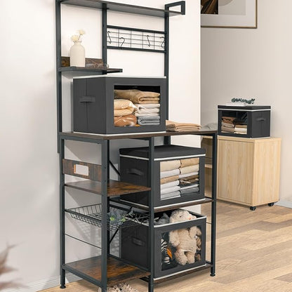 Stackable Storage Bins with Lids - Large Storage Box with Lids, Foldable Closet Boxes for Organizing, Wardrobe Clothes Organizer with Window, Cubes Bins for Living Room, 6 Pack, Dark Grey