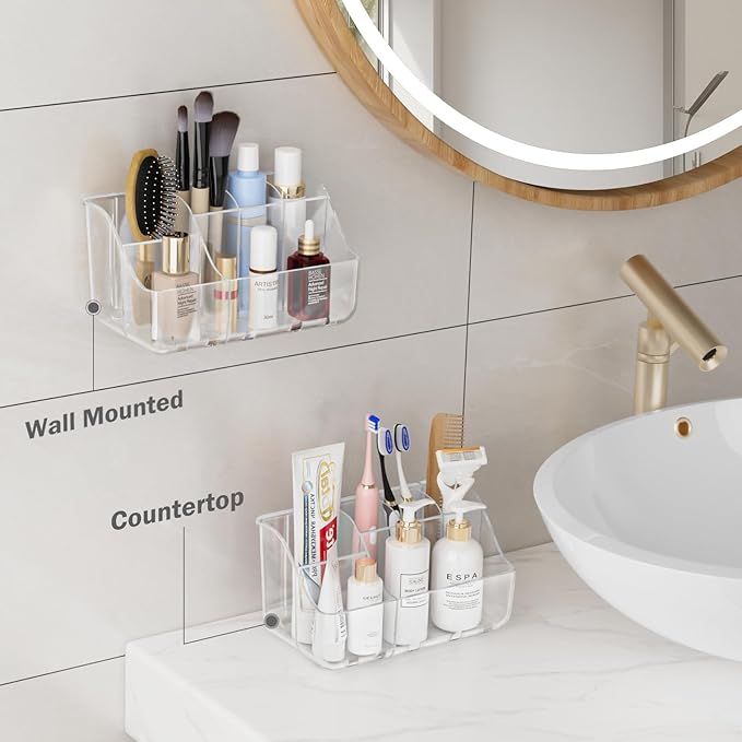 2-Pack Clear Wall-Mounted Toothbrush Holders, Tooth Brush & Toothpaste Holder for Bathroom Countertop or Wall