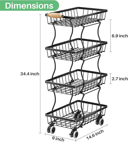 Fruit Basket Kitchen Pantry Organizers and Storage - 4 Tier Stackable Metal Wire Basket Stand for Fruit Vegetable Snacks Jars Bins Containers Organization, Black