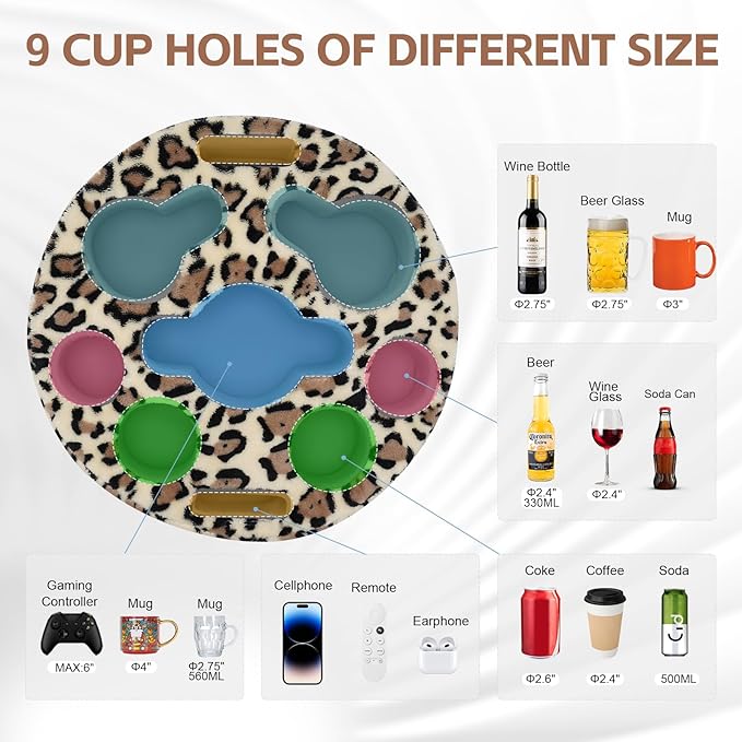 Couch Cup Holder Pillow - Cup Glass Cozy Pillow | Couch Caddy Sofa Bed Buddy Holds Drinks, Snacks, Remote, Phones, Tablet. Keep Drinks Stand and Prevent Spills for Car, Park, Beach (LeopardYellow)