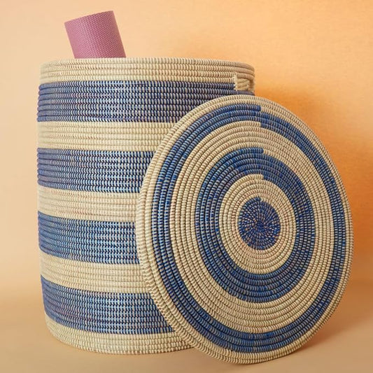 Extra Large Blue Stripes Storage Basket for Living Room Blankets, Bedroom Laundry and Nursery Toys - Decorative, Wicker, Woven, Round, Handles, Lid