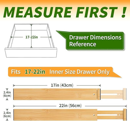 Aubeco 6 pcs Large Bamboo Drawer Dividers, Expandable 17"-22" Wooden Organizers for Kitchen, Office, Dresser, Bedroom, Clothes