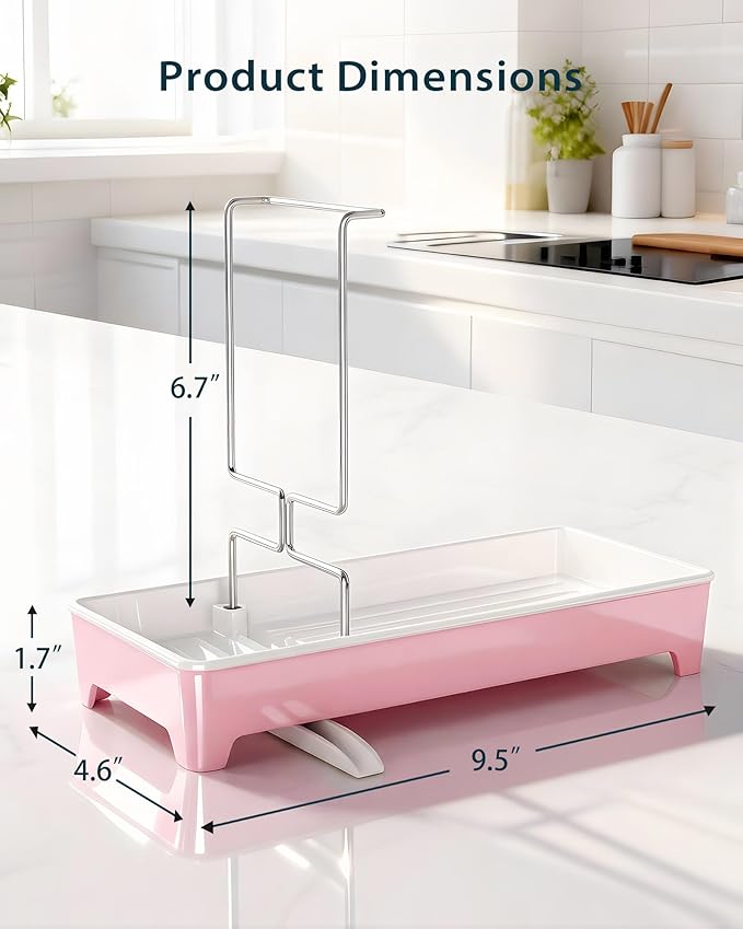 Caumic Minimalist Sink Caddy, Rustproof Sponge Holder for Kitchen Sink with 304 Stainless-Steel Brush Holder, Countertop Rack Organizer with Raised Ridges & Silicone Drain Tube (Blush Pink)