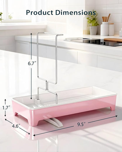 Caumic Minimalist Sink Caddy, Rustproof Sponge Holder for Kitchen Sink with 304 Stainless-Steel Brush Holder, Countertop Rack Organizer with Raised Ridges & Silicone Drain Tube (Blush Pink)