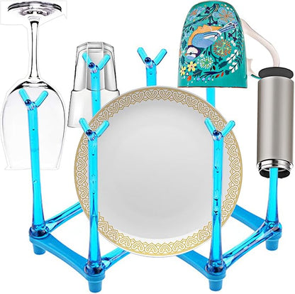 PCTC Retractable Cup Drying Rack, Drinking Glass and Sports Bottle Drainer Stand, Plastic Bag Dryer and Mug Tree with Non-Slip Bottom for Kitchen Countertop (Blue)