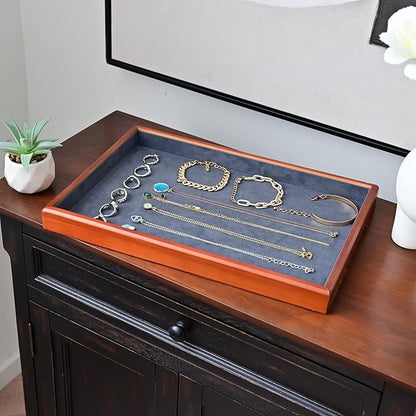Elegant Wood Flat Jewelry Tray – 14"x9.5" Velvet Lined Display Organizer for Rings, Bracelets, Necklaces – Classic Wooden Storage for Vanity, Dresser, Countertop, Black&Brown
