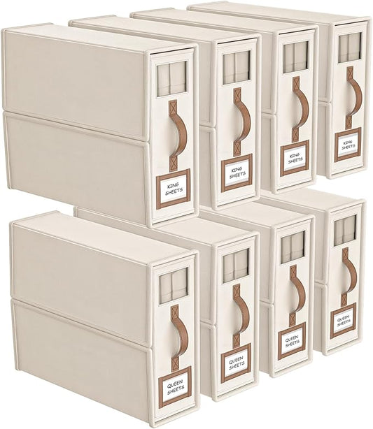 8 Pack Bed Sheets Organizers And Storage (King Size),Foldable Sheet Organizer With Handle For Linen Closet,Bedding Organizer Storage For Sheets, Duvet Cover (Beige)