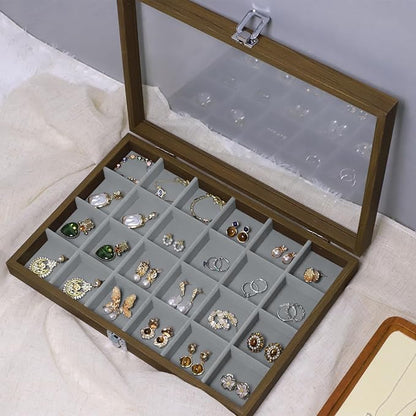 Stratalife Jewelry Organizer Vintage Jewelry Display Case Earring Box Wood Ring Storage with Lid Earrings Holder for Women Drawers 24 Grid
