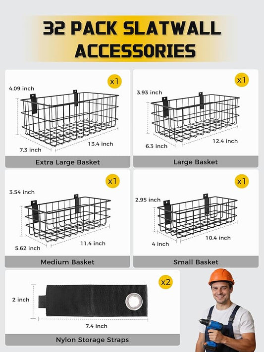 AZUNO 32Pcs Slatwall Accessories Set with 4 Slatwall Baskets & 26 Multi-Sized Slatwall Hooks and 2 Heavy-Duty Storage Straps for Garage, Workshop, and Home Organization Storage