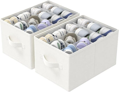 2 Pack Shoe Storage Bins, Fits Up to 24 Pairs, Foldable Space-saving Closet Organizers System, Clothes Basket with Reinforced Handles, 16.5 x 12.6 x 10.2 In, White & Ivory, XSNX02W-2