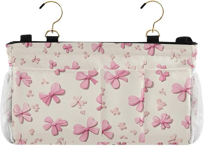 CuwrYet Bedside Caddy Hanging Bunk Bed Caddy Bed Organizer Hanging Pocket with 2 Hooks Bedside Storage Organizer Pocket Bag Holder Pink Cute Bow