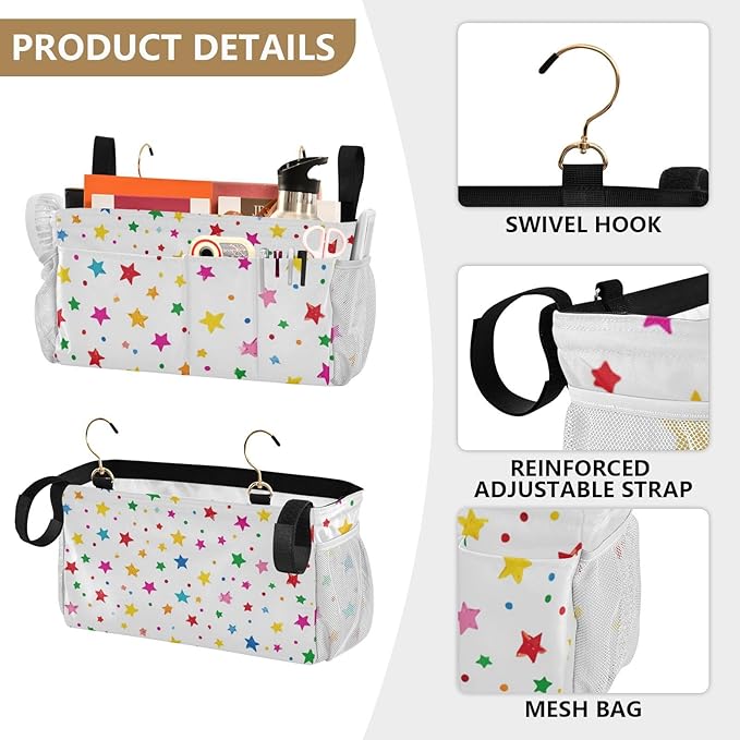 CuwrYet Bedside Caddy Hanging Bunk Bed Caddy Bed Organizer Hanging Pocket with 2 Hooks Bedside Storage Organizer Pocket Bag Holder Small Colorful Stars and Dots