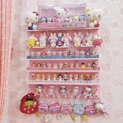 HGYZE Peg Boards for Walls with Shelf & Hooks, No Punching Craft Room Storage for Bedroom Garage Living Room Office, Pegboard Ledges Organizer, 4 Pack Decorative Wall Panel Kits for Blindboxes (Pink)