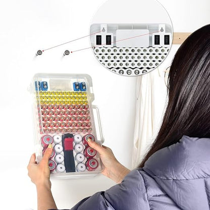 Battery Organizer Storage Case with Tester Checker. Batteries Holder Box Container for 120+ AA AAA 9V C D Lithium CR2025 CR1632 CR2032 Coin Cell Battery with Wall-Mounted Design -Transparency