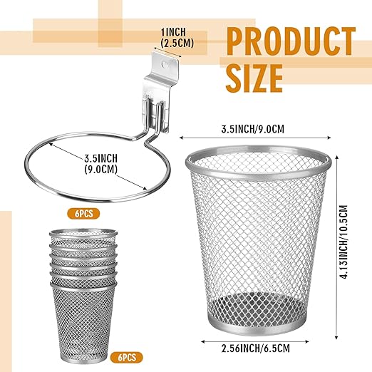 6 Set Slatwall Cups with Hook Loops, Mesh Steel Slatwall Tool Holder Bin Cups Pencil Holder Metal Slat Wall Organizer Accesories for Craft Garage Workshop Office Storage(Medium,Silver)