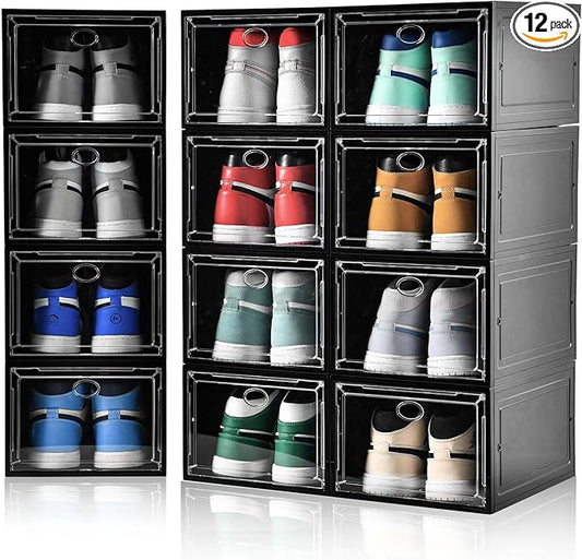 Amllas 12 Pack Shoe Boxes Stackable,Upgraded Sturdy Shoe Storage Boxes with Clear Magnetic Door,Multifunctional Sneaker Storage, Shoe Box Organizer Fit up to US Size 12 Gray(13.8”x 9.84”x 7.1”)